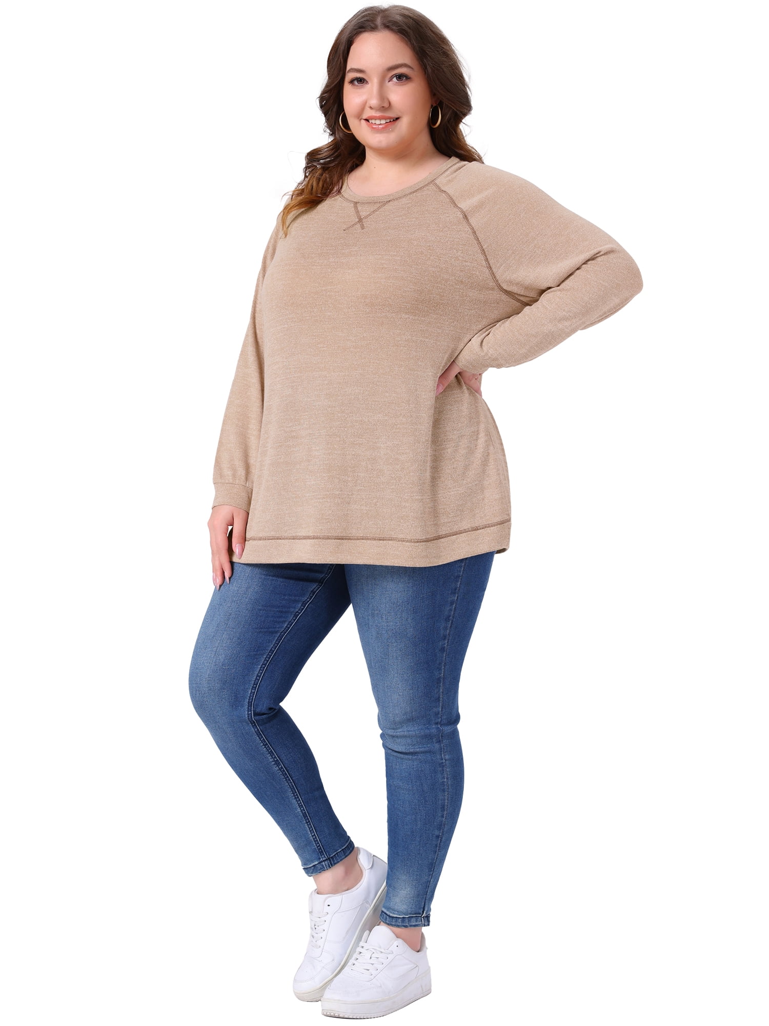 DARING DIVA Women's Plus Crew Neck Casual Pullover Knit Blouse Top 4X Light Brown