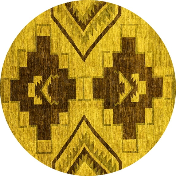 Ahgly Company Machine Washable Indoor Round Oriental Yellow Modern Area Rugs, 7' Round