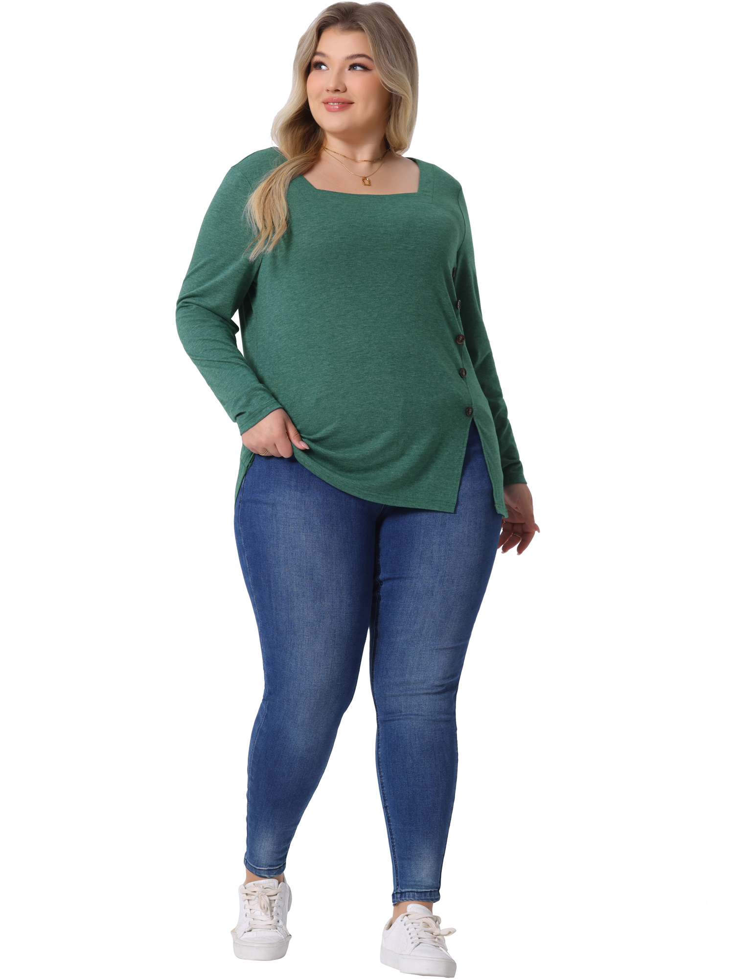DARING DIVA Women's Plus Size Side Button Square Neck Long Sleeve Blouse 2X Green