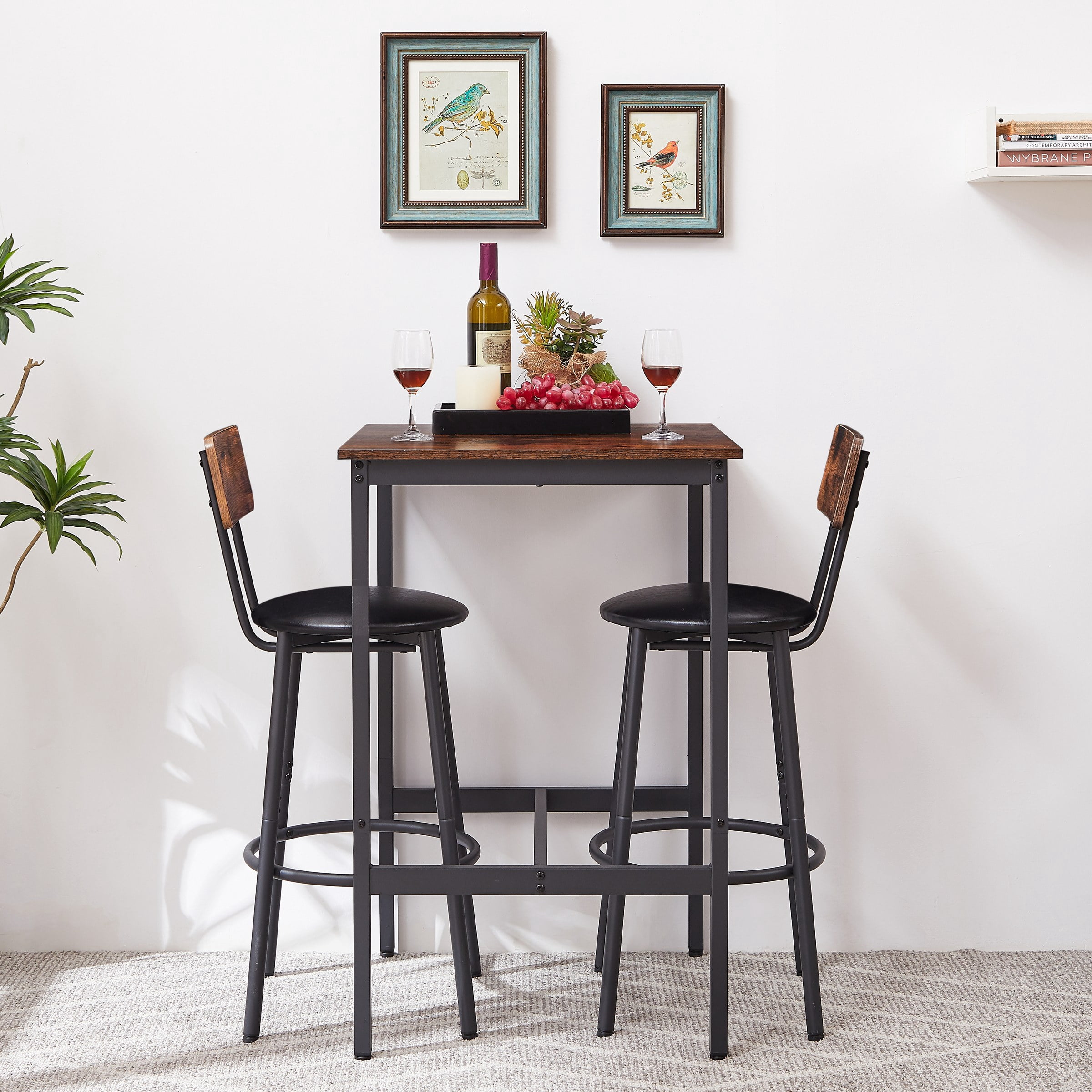 Bar Table Set with 2 Bar stools PU Soft seat with backrest, Rustic Brown, 23.62" W x 23.62" D x 35.43" H