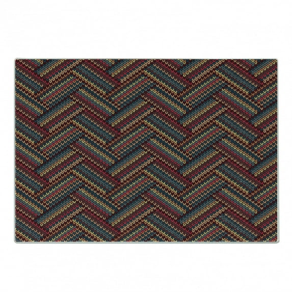 Ethnic Cutting Board, Classical Knitting Pattern Image Autumnal Colors Herringbone Zigzag Stripes, Decorative Tempered Glass Cutting and Serving Board, Small Size, Multicolor, by Ambesonne