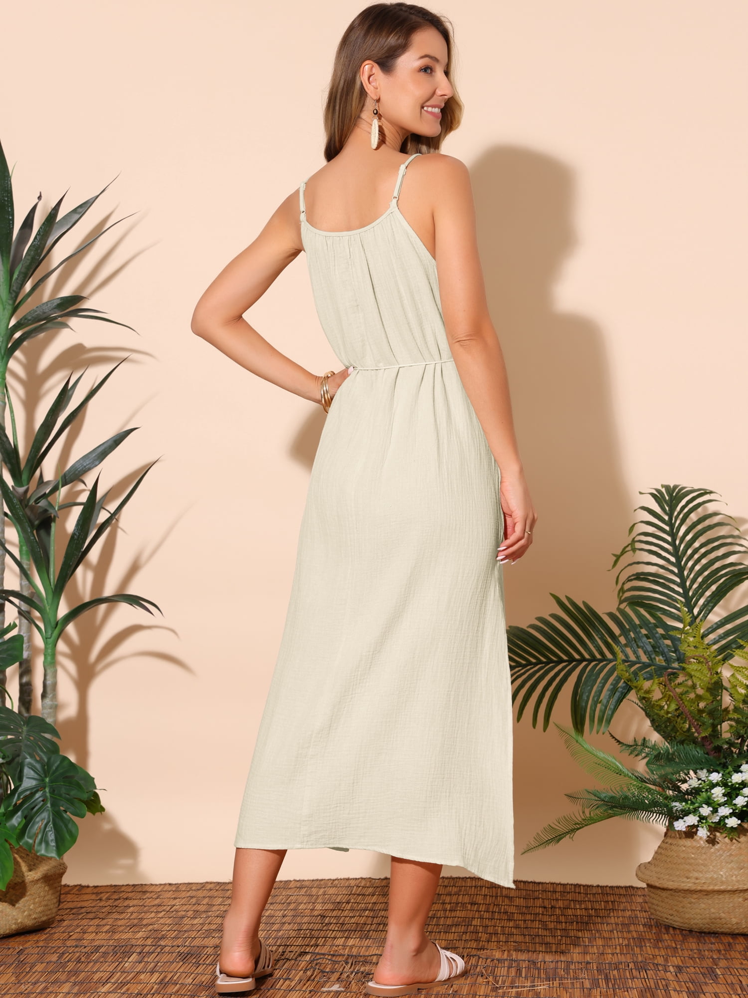 DARING DIVA Cotton Sleeveless Loose Tie Waist Spaghetti Strap Dress 2XL Beige