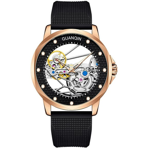 GUANQIN Skeleton Tourbillon Automatic Mechanical Men Wrist Watch Business Stainless Steel Leather Rubber Sapphire Crystal Waterproof Self-Winding Clock Luminous