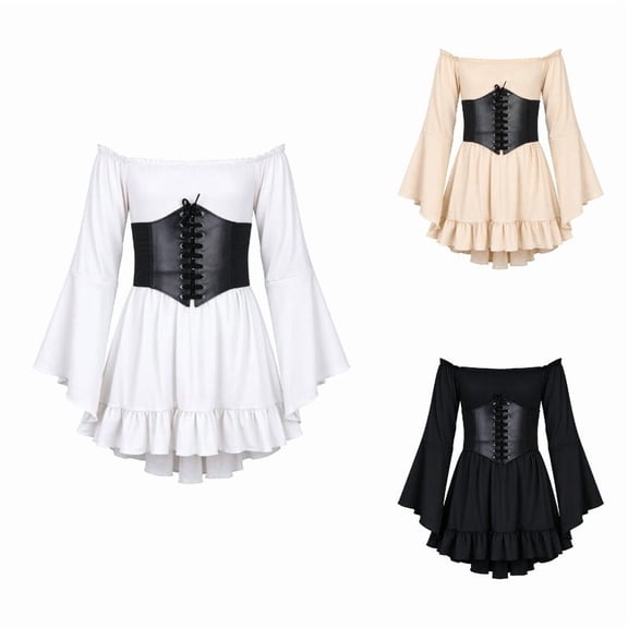 2026 Girls Pirate Dress, Off Shoulder Bell Sleeve High Low Ruffle Dress with Waist Belt for Halloween Party Stage Performance 4-14 Years