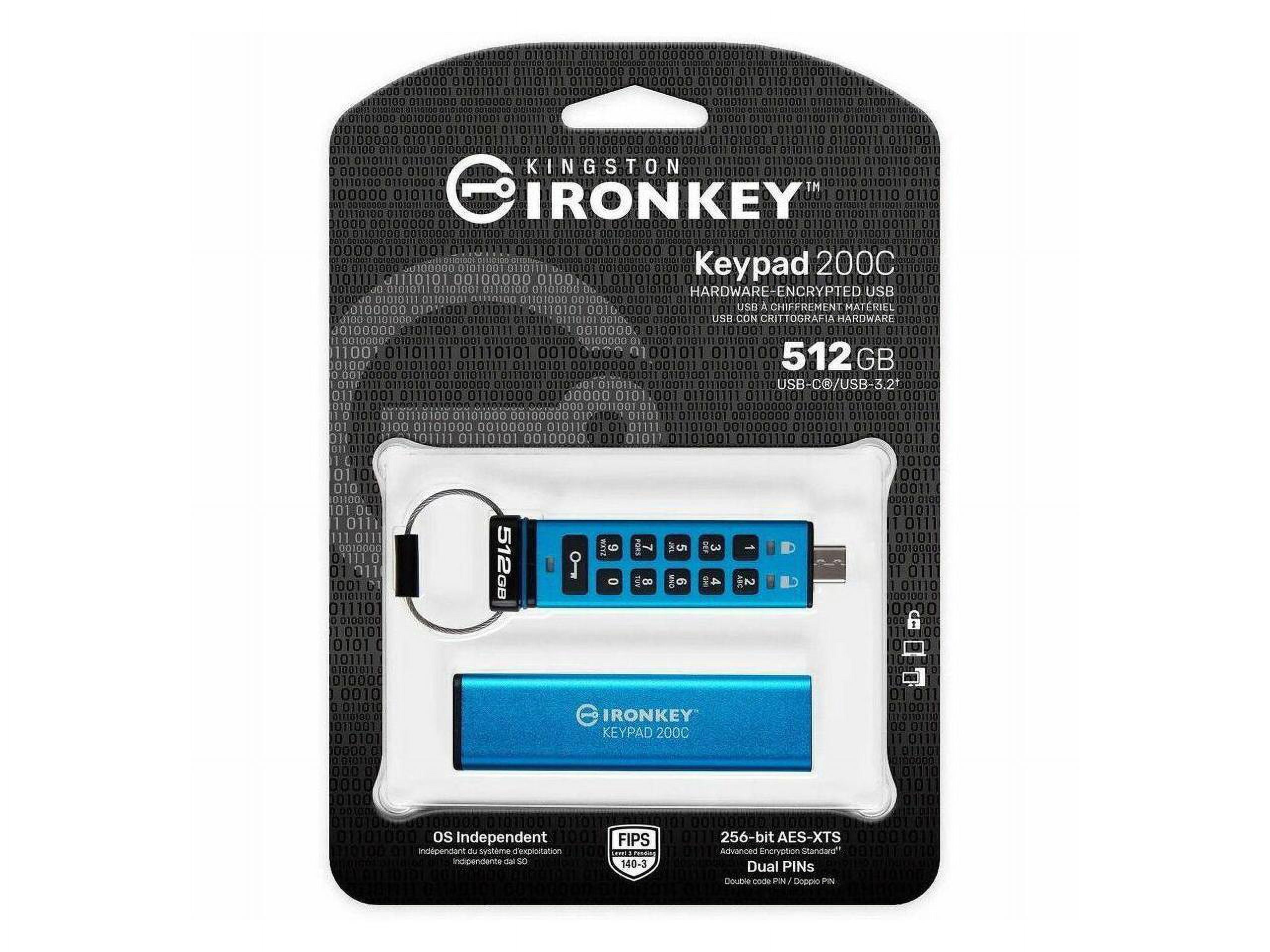 Kingston Ironkey Keypad 200 USB-C 512GB Encrypted Flash Drive | OS Independent | FIPS 140-3 Level 3 | XTS-AES 256-bit | BadUSB and Brute Force Protection | Multi-Pin Option | IKKP200C/512GB
