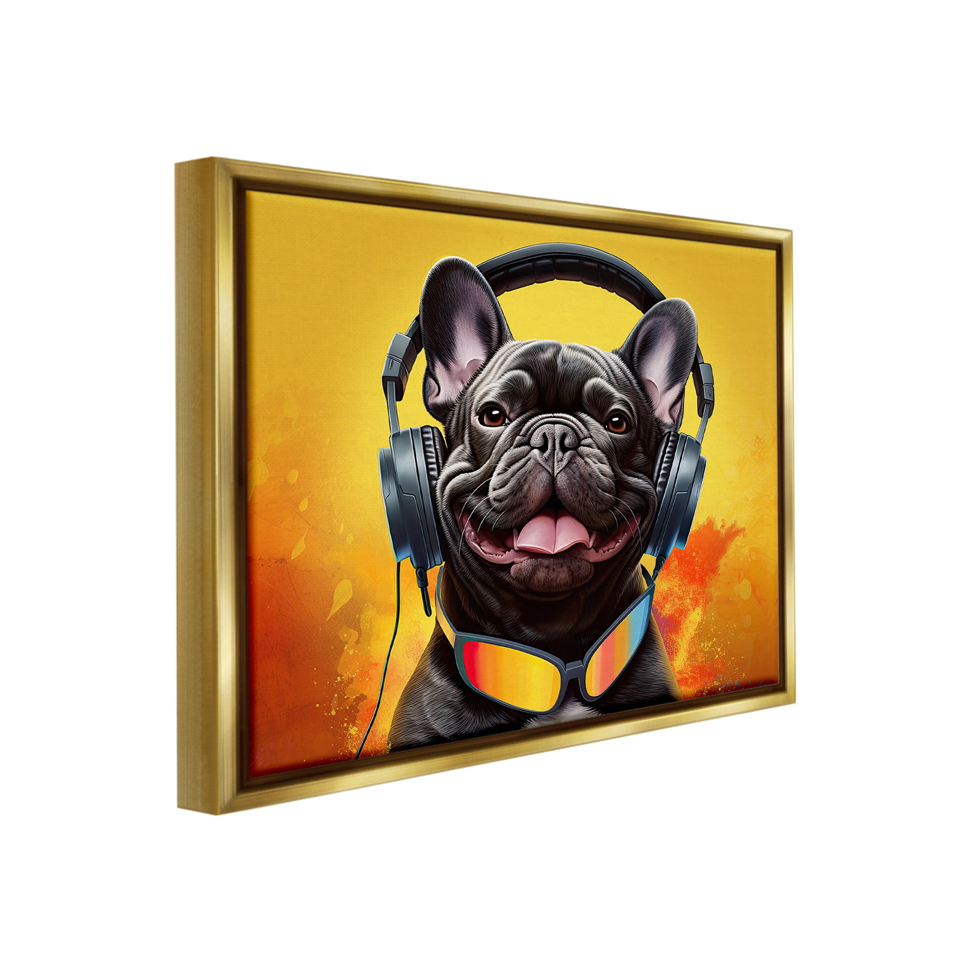 Stupell Industries Modern Dog with Headphones Animals & Insects Painting Gold Floater Framed Canvas Art Print Wall Art, 21 x 17