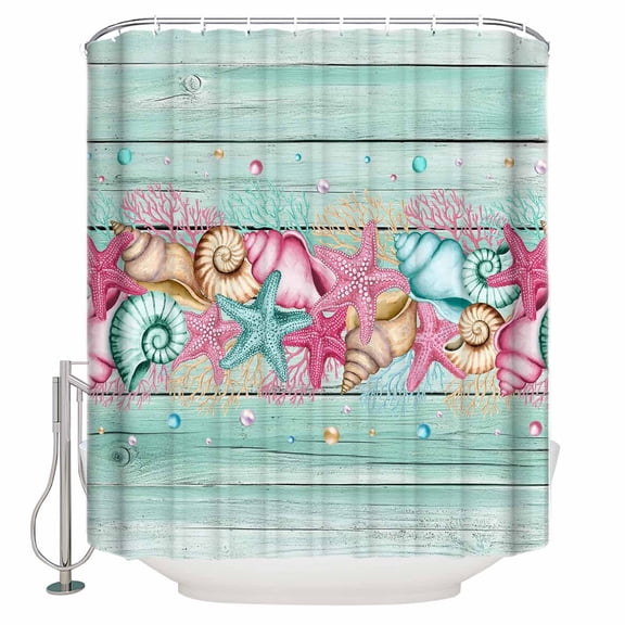 Shower Curtain Bathroom Set Summer Pink Starfish on Wood Board Waterproof Fabric Shower Curtains with Grommets&Hooks Marine Life Coral Privacy Bath Curtain for Bathtub 36x72in