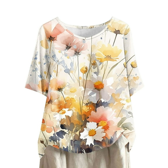 HaoXianJian Womens Shirt Short Sleeve Crew Neck Shirts Floral Print Top for Women 2025 Loose Fits T Shirt Summer Tee Shirts Going Out Top 3X 4X