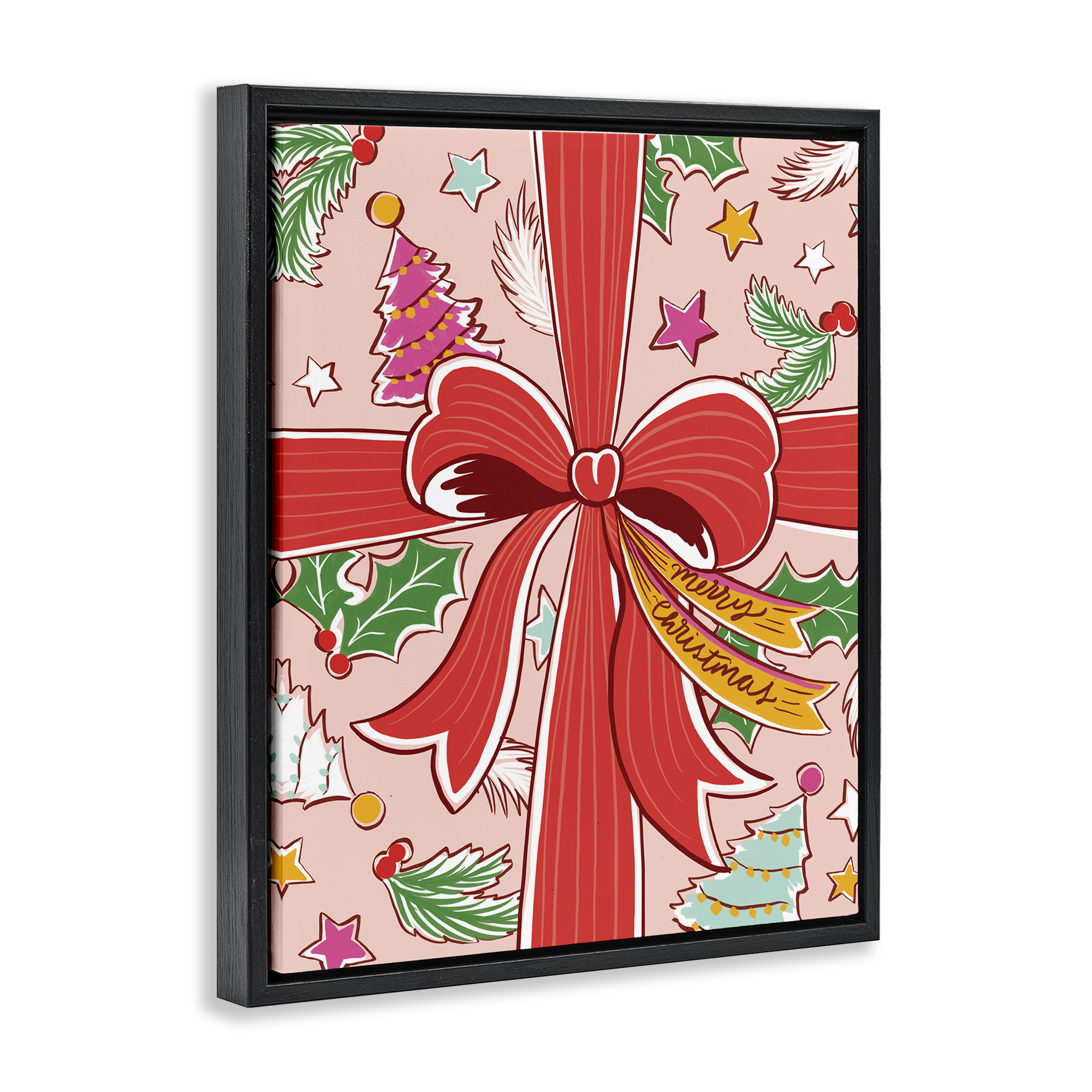 Stupell Industries Christmas Bow and Trees Holiday Painting Black Floater Framed Canvas Art Prints Wall Art, 25 x 31