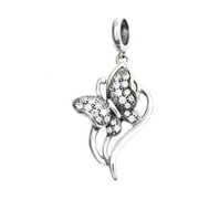 Queenberry Sterling Silver Clear Cubic Zirconia Butterfly Dangle European Style Bead Charm Fits Pandora