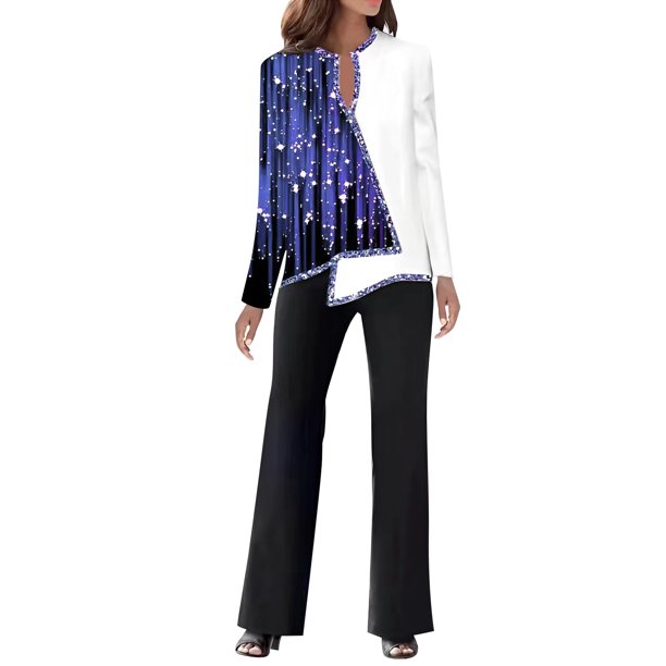 Gibobby Conjuntos de sudadera con bloques Trajes de 2 piezas para mujer, camiseta informal de manga larga, pantalones de pierna ancha sueltos, conjunto de dos(Morado,XL)