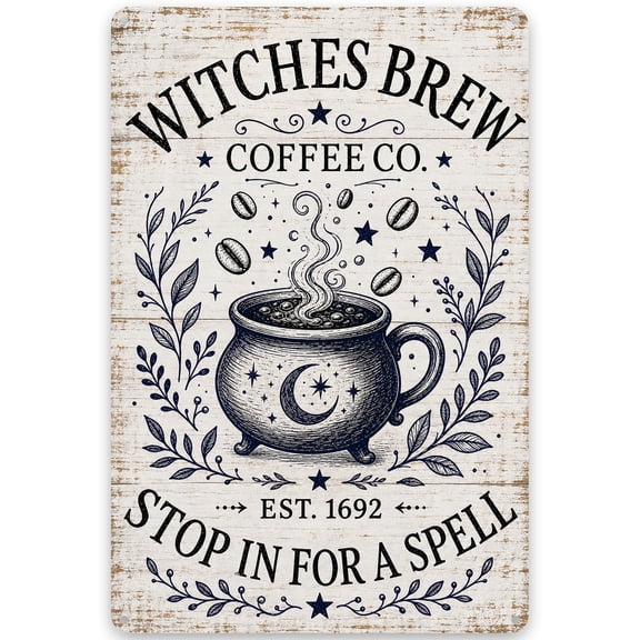 Witches Brew Coffee Co. Metal Wall Decor Sign, Rustic Vintage Style, Stop in for a Spell Design, 8x12 Inch, Easy Hanging Indoor Outdoor Iron Plaque, Home Kitchen Cafe Decor