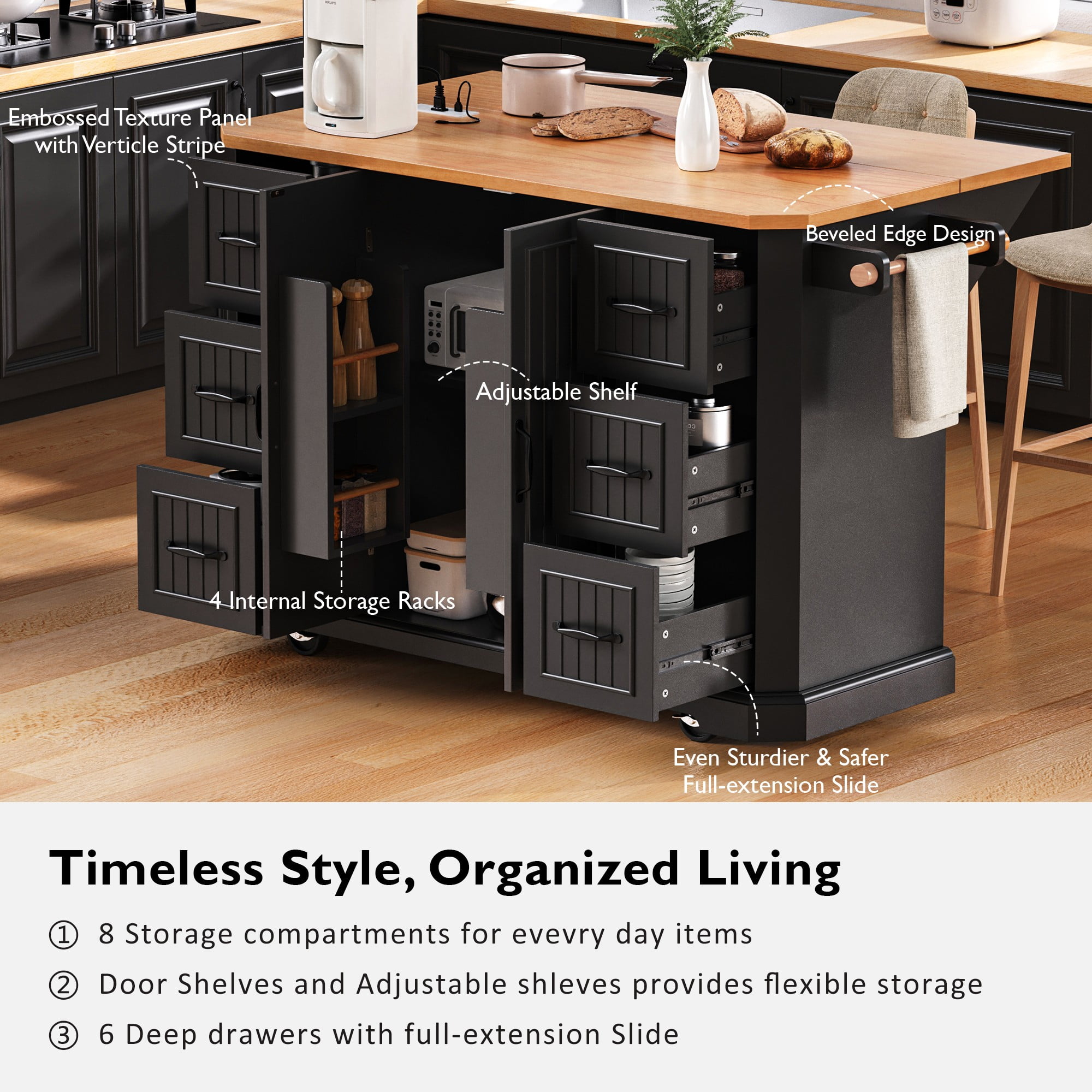 Euroco 56" Kitchen Island with Rubber Wood Veneer Drop Leaf, Power Outlet, 4 Door Shelves, Embossed Vertical Stripe Rolling Kitchen Cart with 6 Drawers