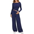 thumbnail image 2 of Women's 2 Piece Matching Leisure Set pant suits for women Long Sleeve Side Ruching Top Wide Leg Drawstring Pants Set with Pockets (Navy,S), 2 of 6