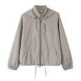 thumbnail image 2 of Women Gingham Bomber Jacket Plaid Hooded Oversized Cropped Zip Up Batwing Windbreaker with Pockets Outwear Coat Khaki L, 2 of 9