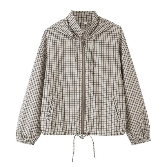 SONXAHE Women's Plaid Zip Hooded Jackets Drawstring Hem Casual Travel Outerwear Tops