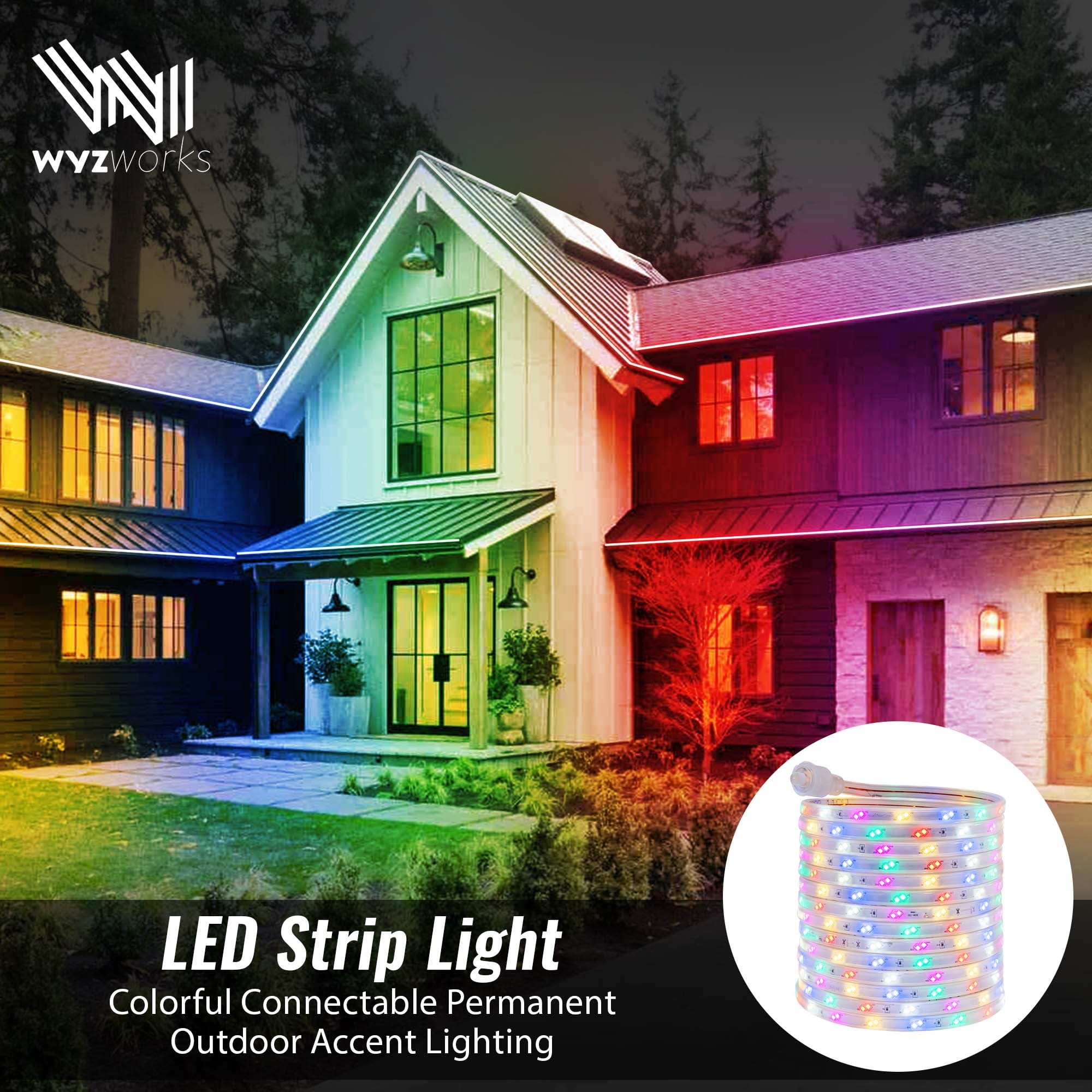 WYZworks 1860LEDs 100ft Colorful 16-Mode Flat LED Outside Strip Lights, SMD 2835, Waterproof Permanent Heavy Duty Outdoor Exterior Accent Lighting, ETL Certified, Connectable Flexible Clear PVC Shell