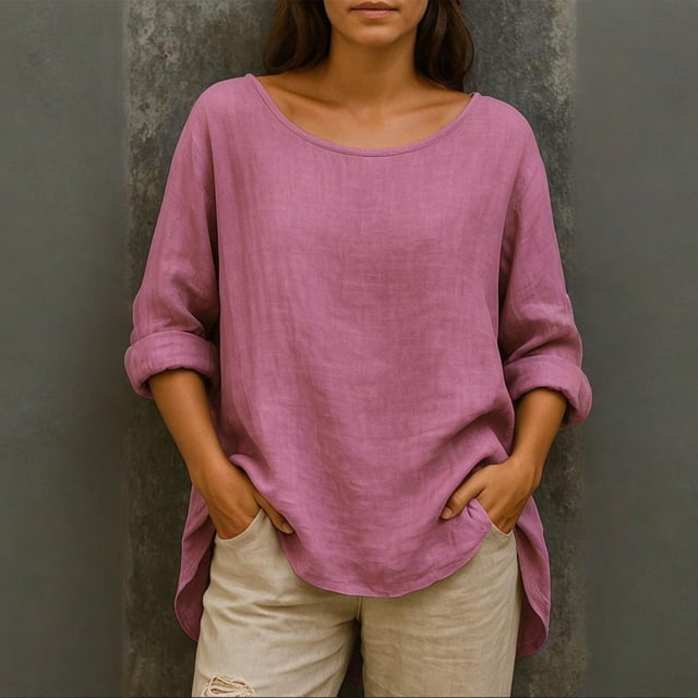 Heisall Womens Shirts Long Sleeve Round Neck Casual Solid Color Blouses Autumn Winter