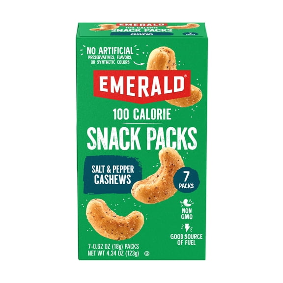 Emerald Nuts, Salt & Pepper Cashews, 100 Calorie Packs, 7 Ct, 4.34 oz