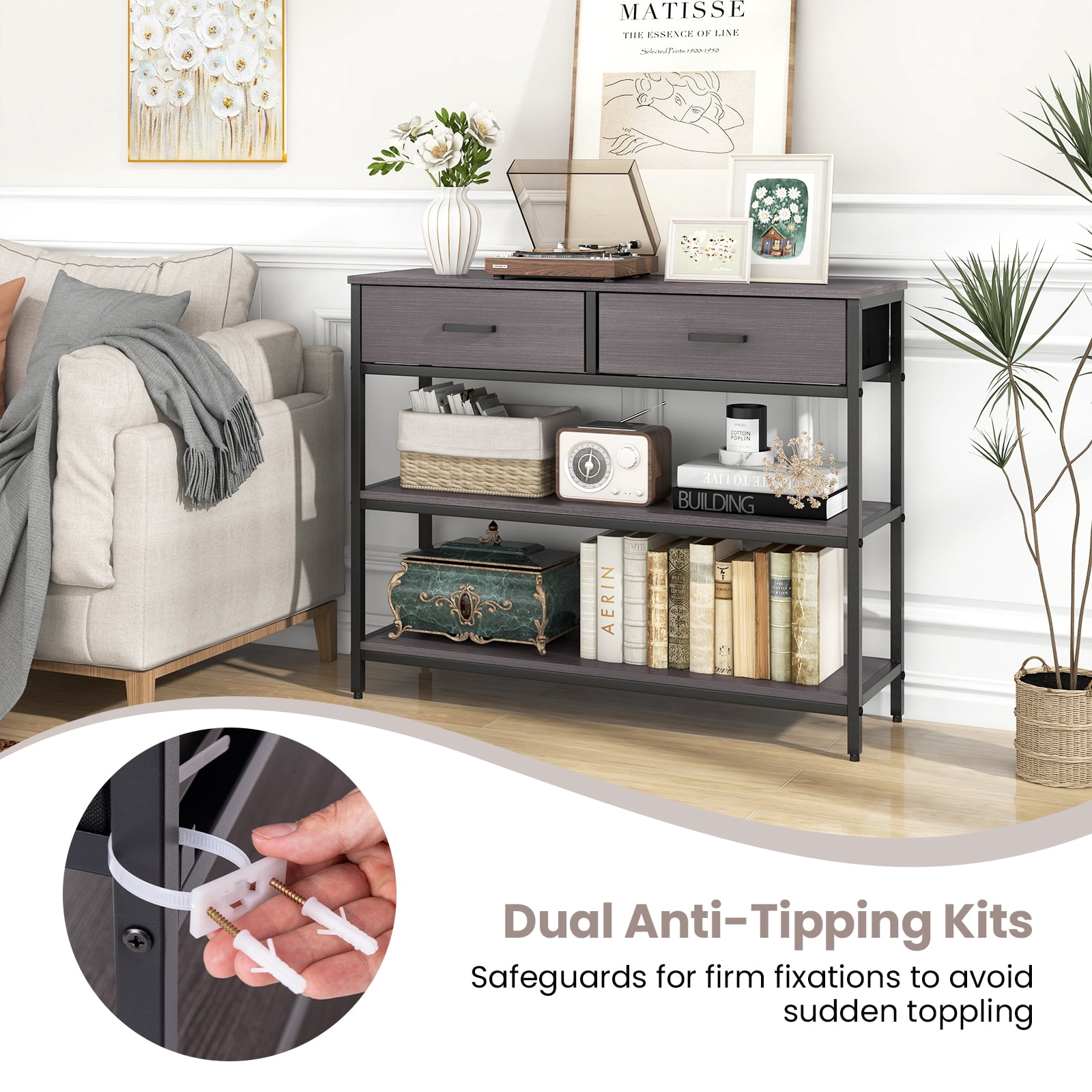 Giantex 3-Tier Entryway Table, Sofa Side Table w/2 Large Drawers & Anti-toppling Device, Console Table w/Metal Frame