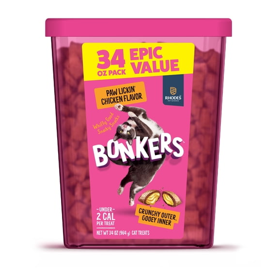 BONKERS Bites Paw Lickin' Chicken Flavor Crunchy & Soft Treats for Cats, 34oz Tub