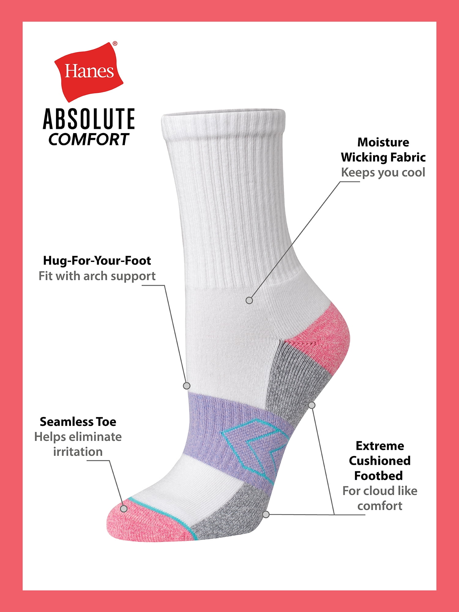Hanes Women's Absolute Comfort Crew Socks, 4-Pack, Size 5-9