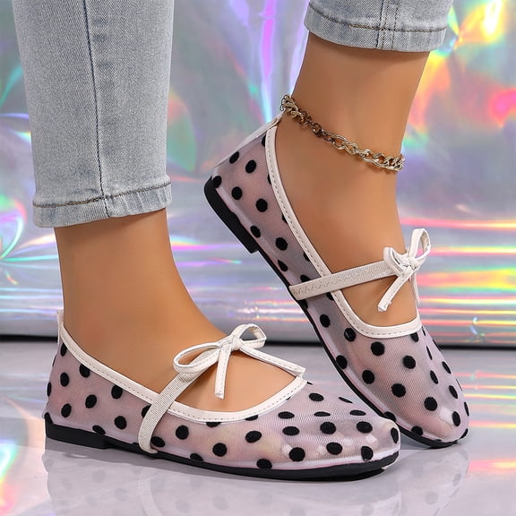 HTHLVMD Womens Mary Jane Flats, Polka Dot Mesh Shoes, Bow Decor Flats, Women's Polka Dots Mesh Ballet Flats Bowknot Pointed Toe Ballerina Flats Closed Toe Comfortable Casual Work Shoes, Beige 5.5