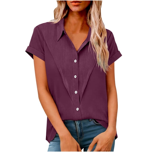 Camisas de Manga Larga para las Mujeres Suelto Ajuste Solapa Botón de Manga Corta Imitación Túnica de Lino, Camisas de Manga Larga para las Mujeres Bajo Scrubs Blusa Casual