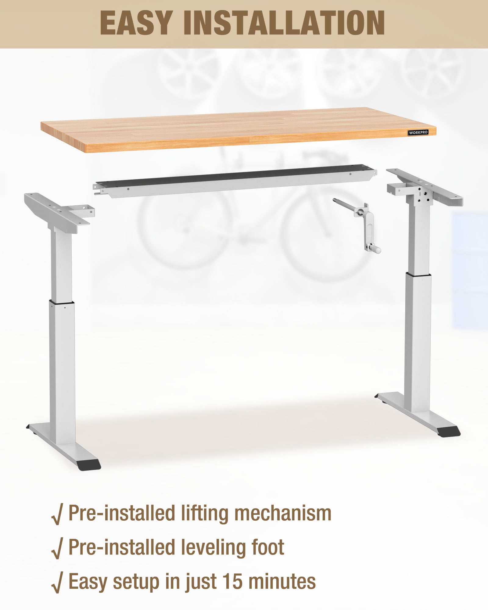 WORKPRO 300 lbs Height Adjustable Workbench with Crank Handle, 47.2"x 23.6" Rubberwood Work Table, Comfortable Standing Desk for Home Workshop Office, White
