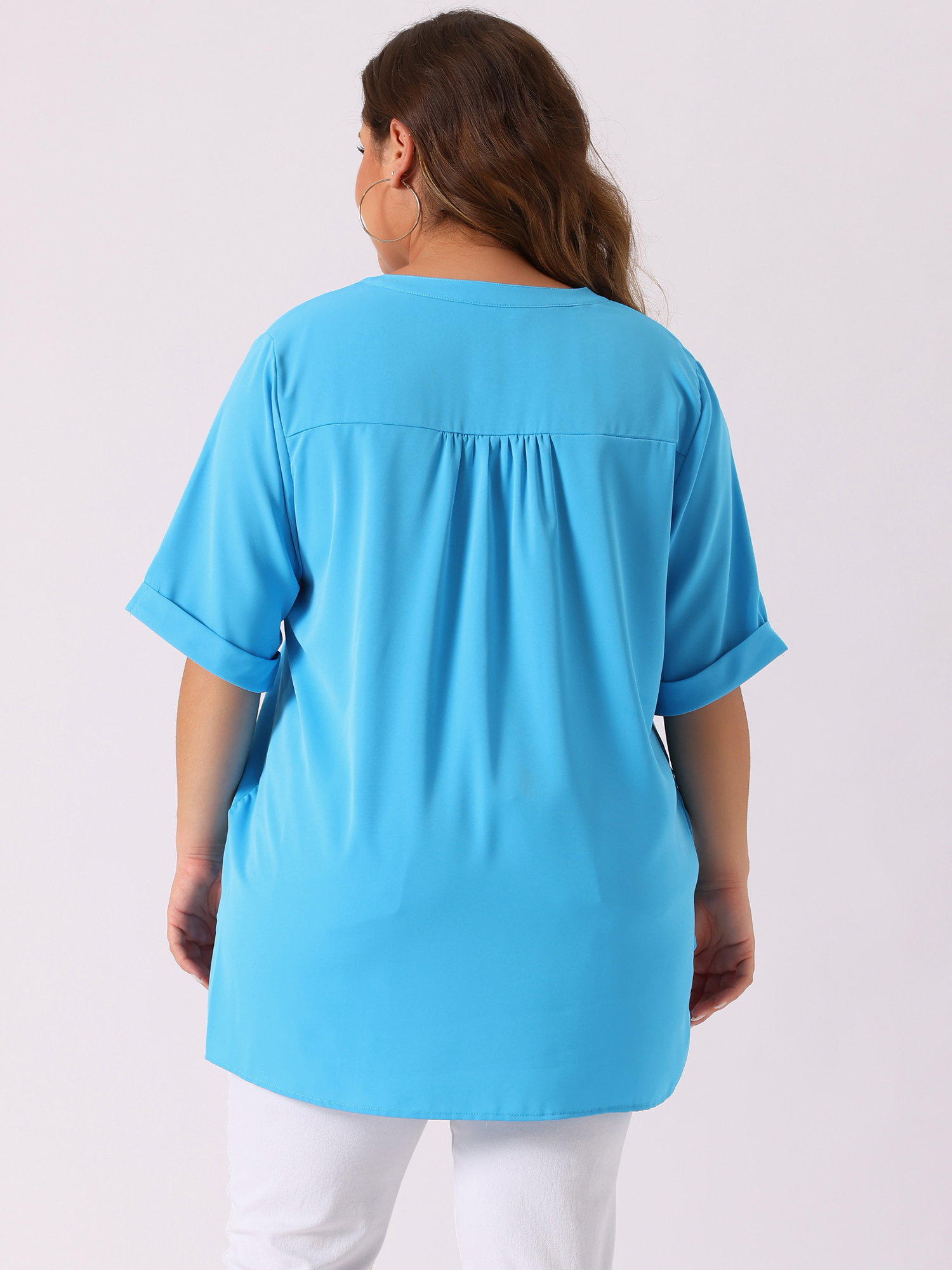 DARING DIVA Women's Plus Dip Hem V Neck Short Sleeve Tunic Top 2X Blue