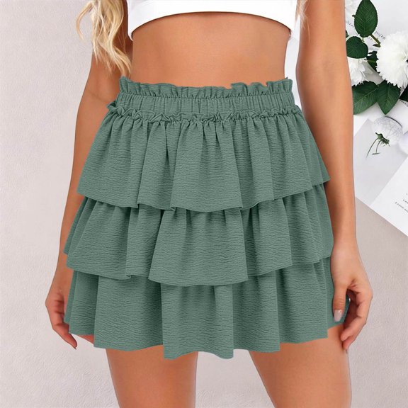 Karight Womens High Waist Tiered Ruffle Mini Skirt Boho Elastic Waist Flowy Layered Skirt