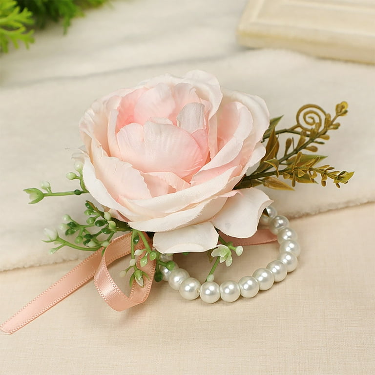 Eqwljwe Rose Pearl Wrist Corsages Wristband Hand Flowers for Wedding Bridesmaid Bridal Shower Prom Party Wrist Flower Stretchable Wedding Bracelet Crystal