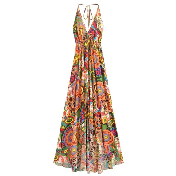 Vintage Women Floral Print Open Back Sexy Beach Bohemian Maxi Dress Lady High-Low Tassel Strapless Vacation Summer Boho Dress