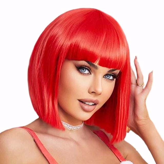 Peluca Bob roja con flequillo Pelucas Bob cortas de fibra sintética de 12 pulgadas para mujeres Pelucas Bob cortas y peluca Bob de Cosplay de Halloween con una gorra (rojo)