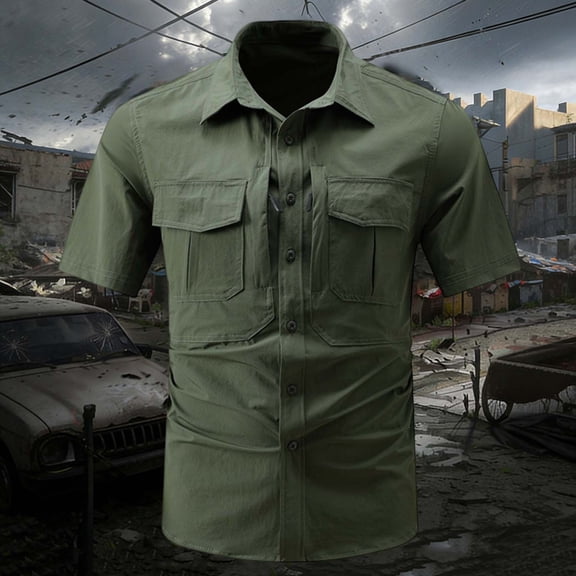 gbyLJF Men's Short Sleeve Shirts Military Work Fishing Shirts Button Down Breathable Outdoor Hiking Tops