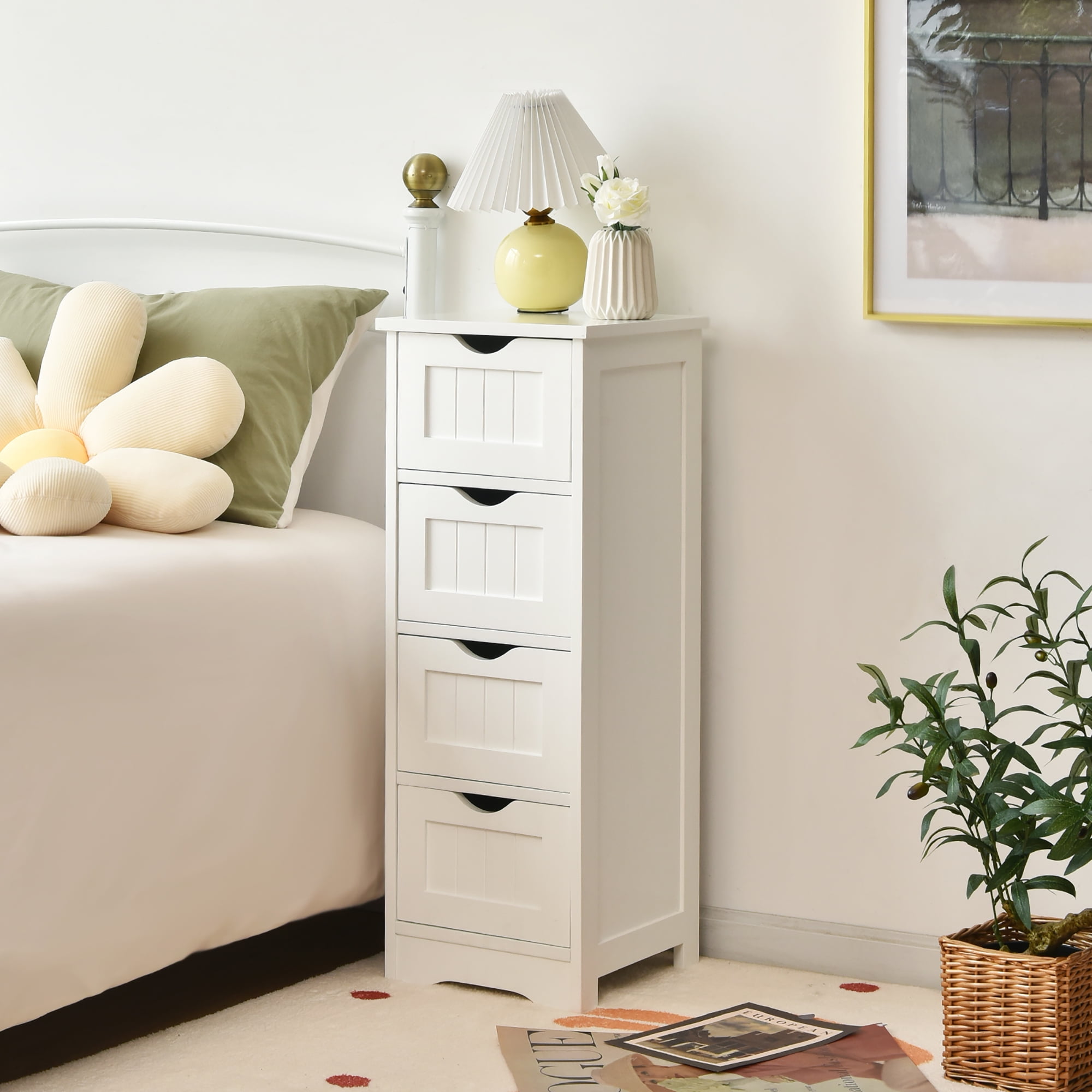 Costway White Floor Storage Cabinet Bathroom Organizer Free Standing 4 Drawers