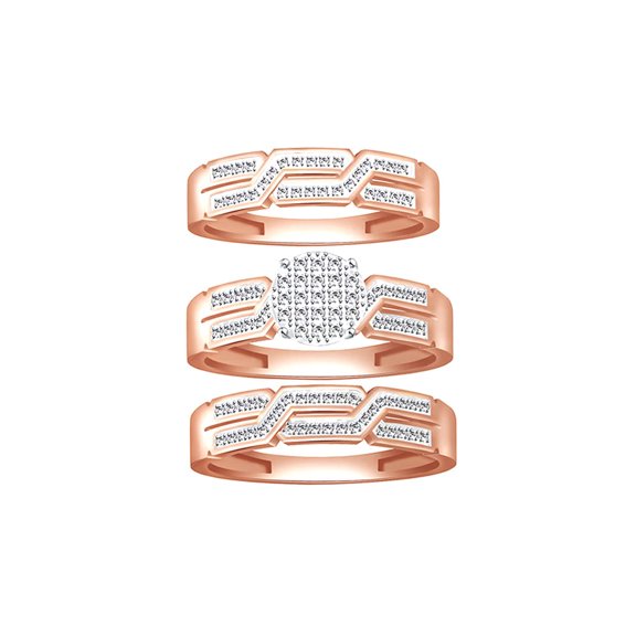 AFFY White Natural Diamond Wedding & Engagement Trio Band Ring Set In 10k Rose Gold (0.25 Cttw)