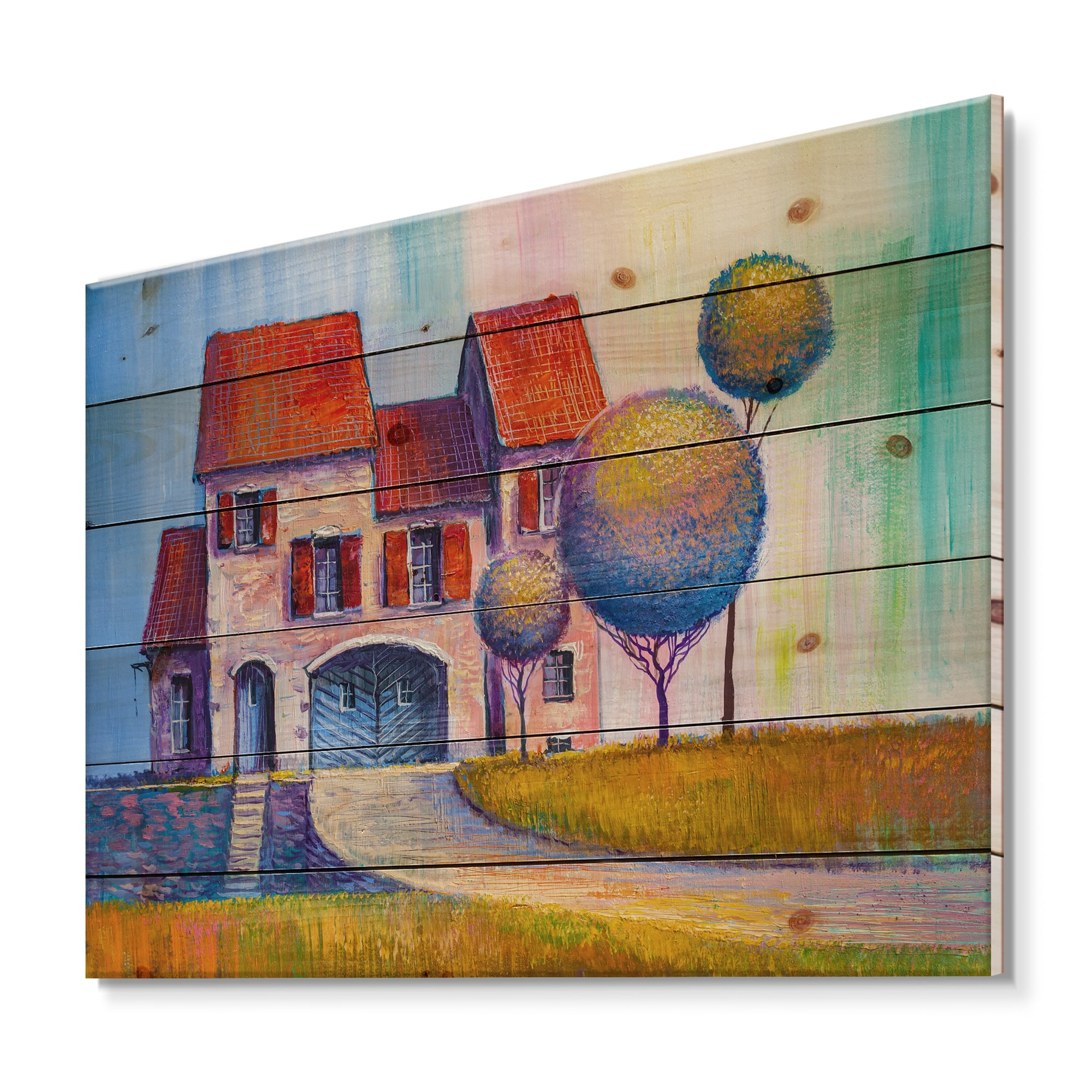 Designart 'A Red Roof House With In The Village' Modern Print on Natural Pine Wood