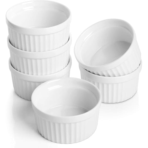 chalian-Porcelain Ramekins 4 oz Oven Safe, Small Souffle Dishes for Creme Brulee, Ice Cream, Dipping and Sauces Cup, Ceramic White Mini Baking Bowls Set of 6