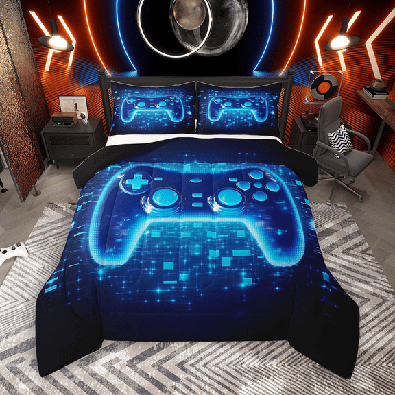 Manfei Neon Gamepad Bedding Comforter Set 2pcs for Boys, Teens Gamer Twin Comforter Sets, Black Blue Stereoscopic Cubes Bedding Set, Lightweight Room Decor