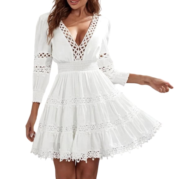 Women's V-Neck Lace Long Sleeve Knee-Length Summer Dress