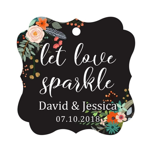 Darling Souvenir Personalized Fancy Frame Paper Tags Wedding Sparklers Let Love Sparkle Custom Hang Tags-Floral Black-50 Tags