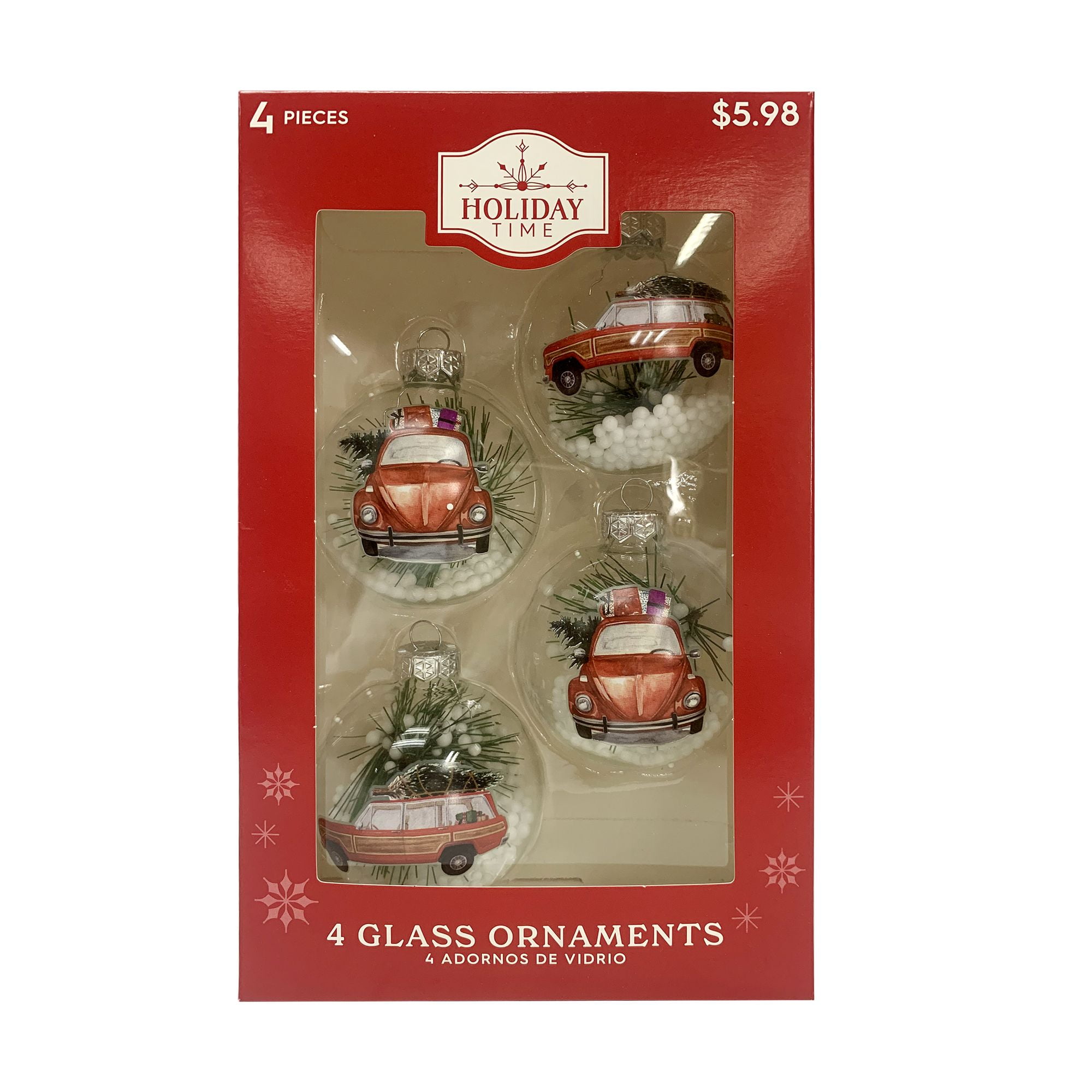 Holiday Time Christmas 65mm Clear Truck with Pine Niddle and Foam inside Glass Ball Hanging Ornament, 4-Piece Box