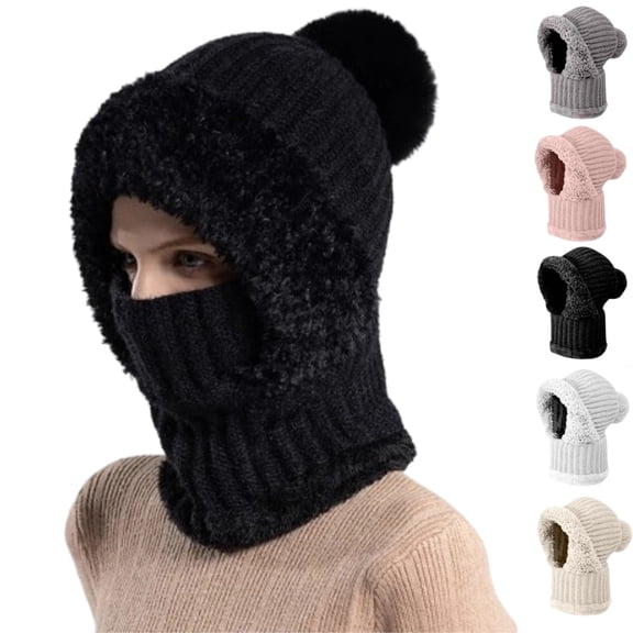 3 in 1 Beanie Hat with Scarf and Mask, Windproof Beanie Hat for Women, Warm Winter Knitted Balaclava Hats for Outdoor,Black