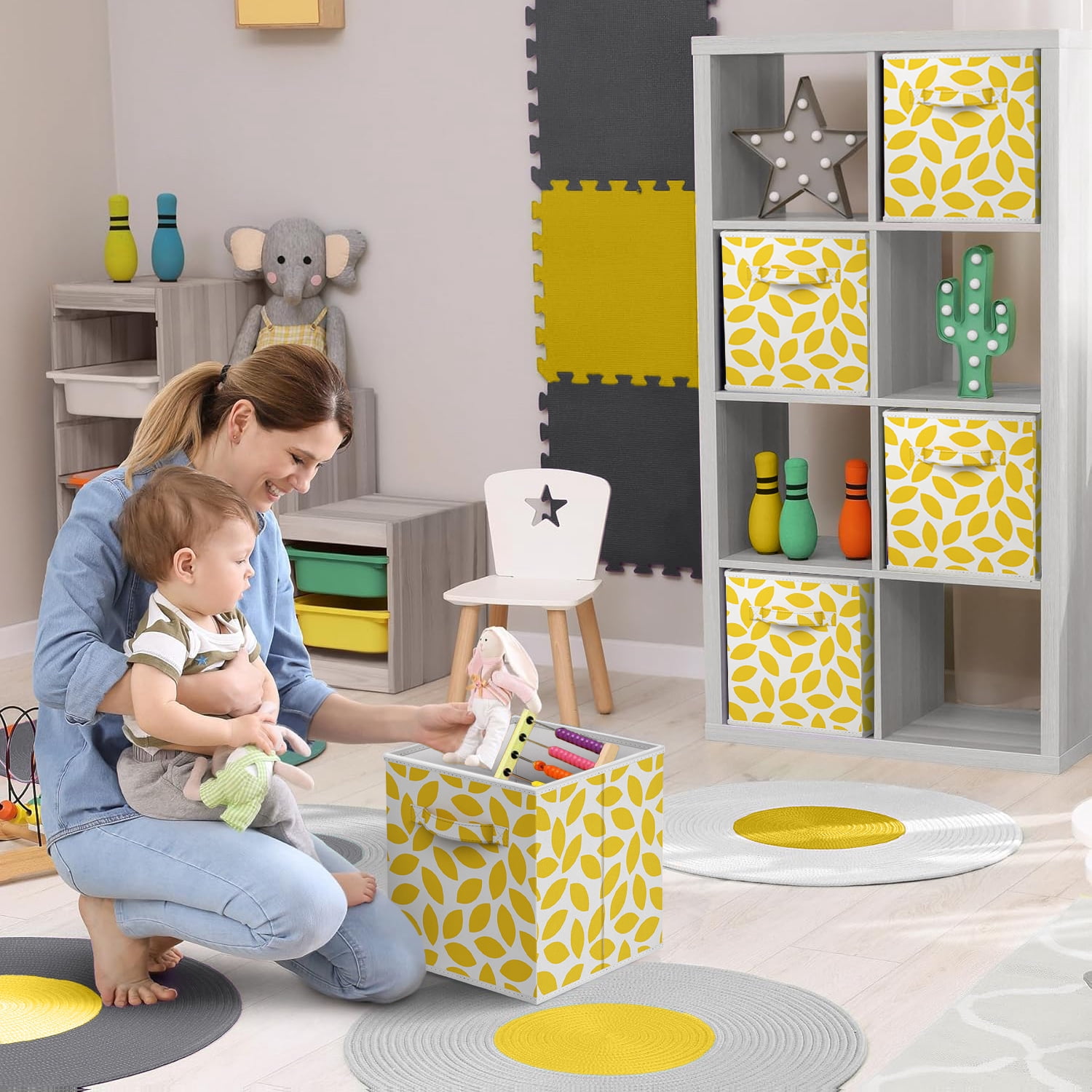 Sorbus 6-Pack 11-Inch Foldable Storage Cubes with Handles, Yellow Floral Petal Print Organizer Bins