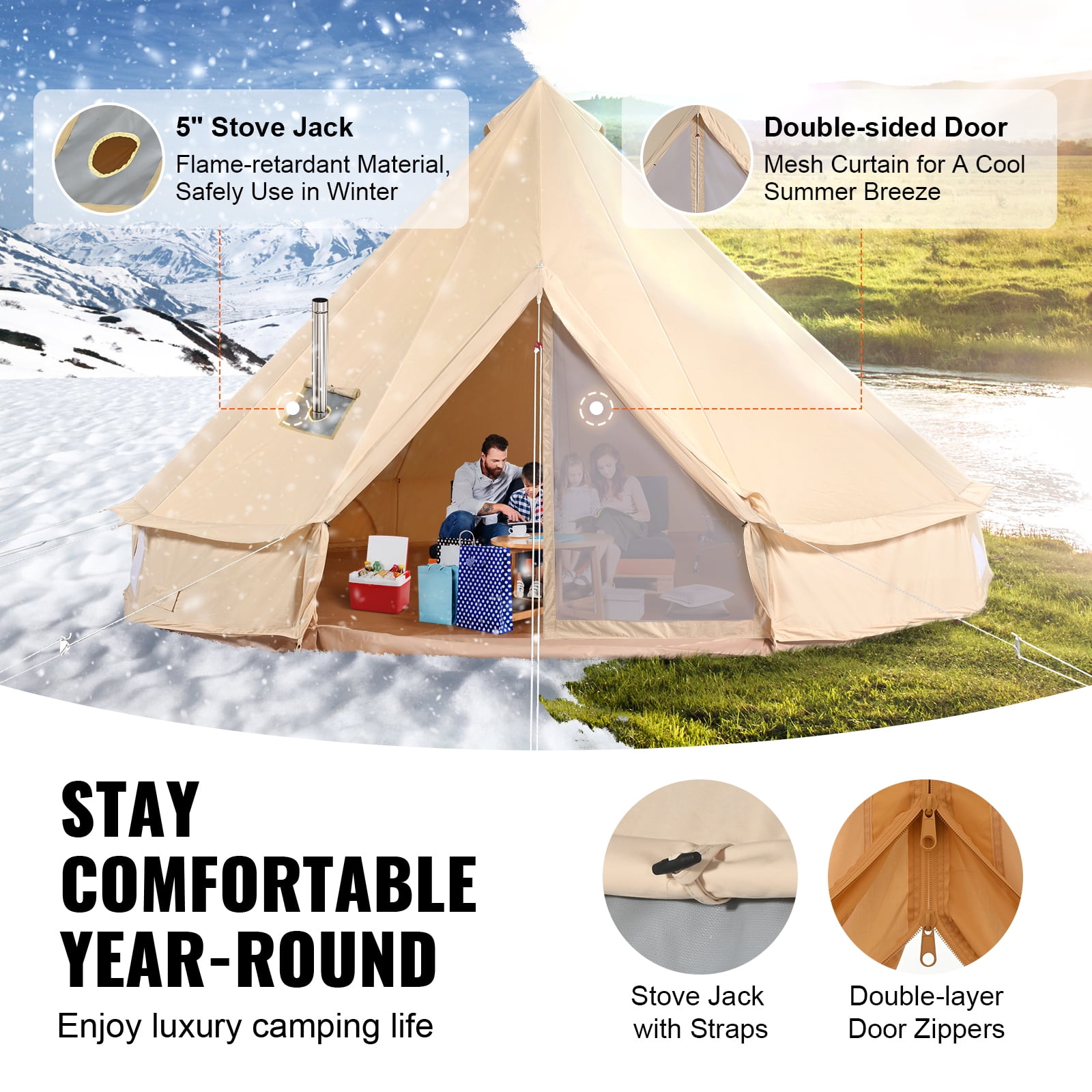 KFFKFF Fabric Bell Shelter, Year-Round 3 m/9.8ft Nomadic Tent, Camping Canvas Tent with Chimney Hole, Ventilated Shelter Accommodates 4 Individuals, Outdoor Family Camping and Hunting Gathering