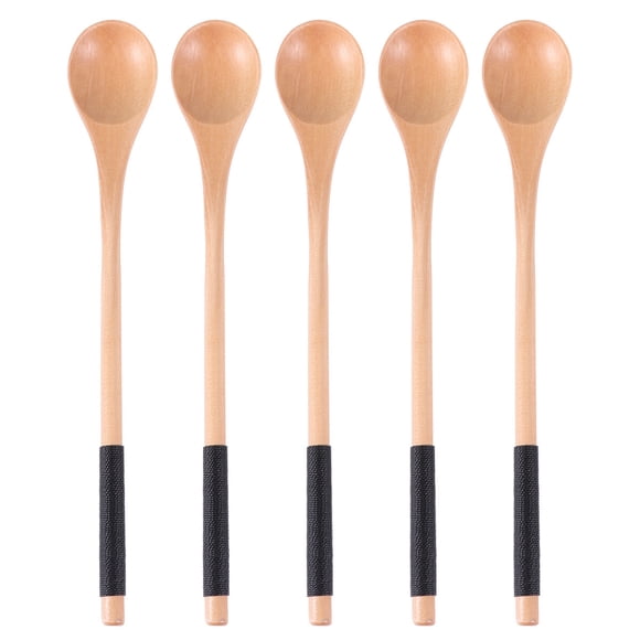 5 Pcs Cuillères en Bois avec Fil Noué Cuillère à Mélanger Ronde Manche Long Cuillères Vaisselle (Couleur Naturelle, Fil Noir)