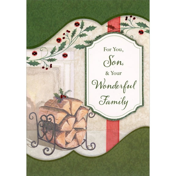 Designer Greetings Logs in Log Rack, 3D Die Cut Banner with Green Border, Red Sequins and Ribbon Hand Decorated Christmas Card for Son and Family