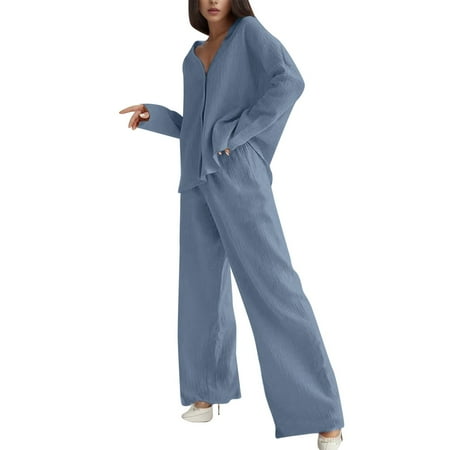 

Womens Solid Color Double Layer Loose Fitting Home Pajamas V Neck Long Sleeved Top Cardigan Extended Pants Two Piece Set