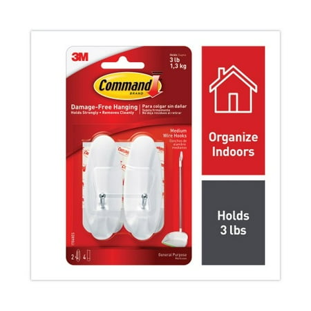 

2PK Command General Purpose Wire Hooks Medium Metal White 3 lb Capacity 2 Hooks and 4 Strips/Pack (17068ES)